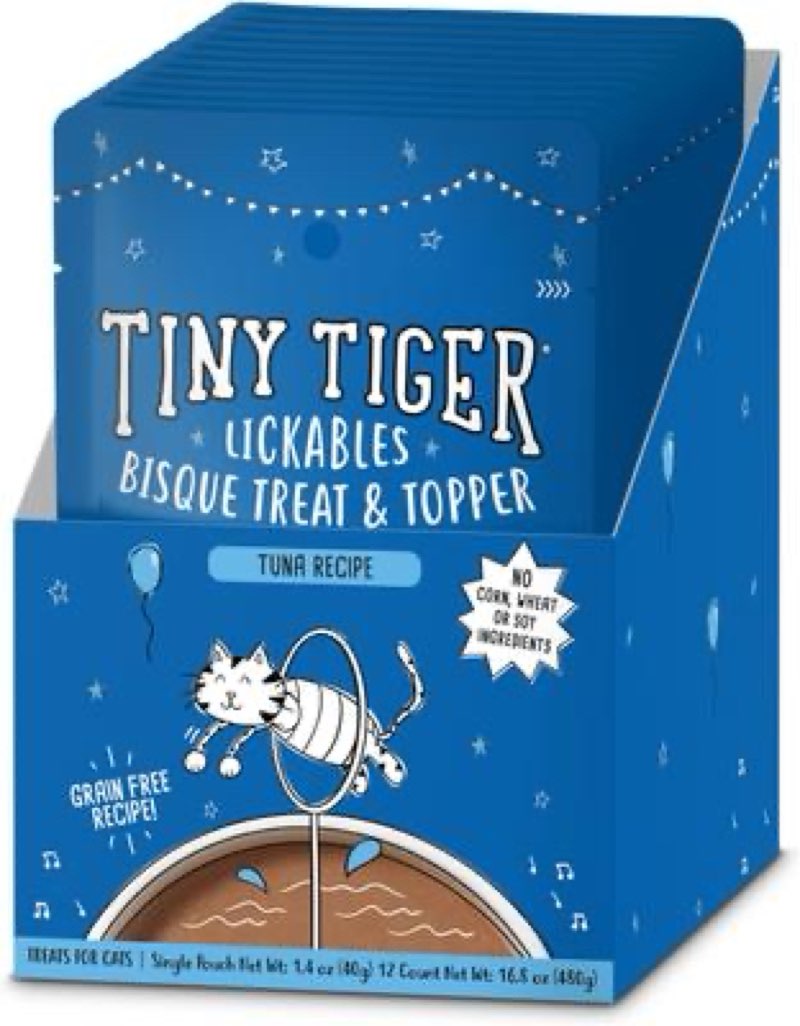 Condition photo showing New/Like New for Tiny Tiger Lickables Bisque Tuna Recipe Cat Treat & Topper, 1.4-oz pouch, bundle of 48 (4 x cases of 12)