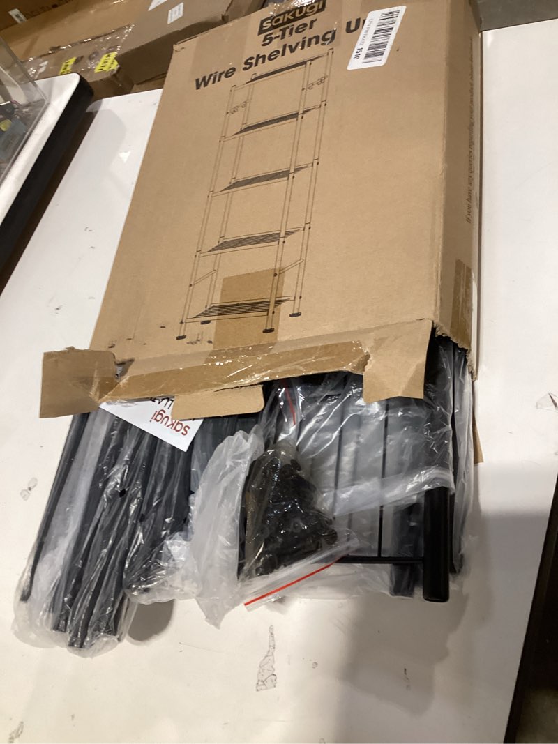 Condition photo showing Good Condition for storage shelves - 5-tier large capacity shelf organizer with hooks, heavy-duty garage shelving with leveling feet, wobble-free rack for bedroom, balcony, garage, 18.1"×12.4"×56.8", black black 18.1w×12.4d×56.8h(5t)