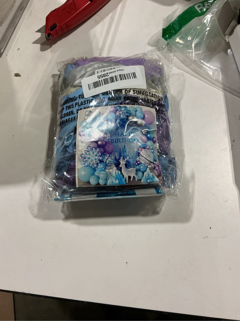 Condition photo showing Good Condition for 103pcs winter wonderland balloon garland arch kit with giant 3d ice crystal star & gradient snowflake foils, 18/12/10/5 inch metallic blue purple silver printed latex for girls ice princess birthday frozen
