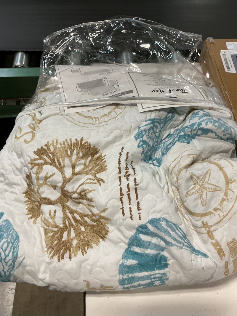 Condition photo showing As Is for Lush Decor Harbor Life Furniture Protector, Couch Cover, 116" W x 75" L, Blue & Taupe - Quilted Coastal Couch Cover - Nautical Furnishings - Pet Sofa Covers - Furniture Covers For Sofa & Loveseat