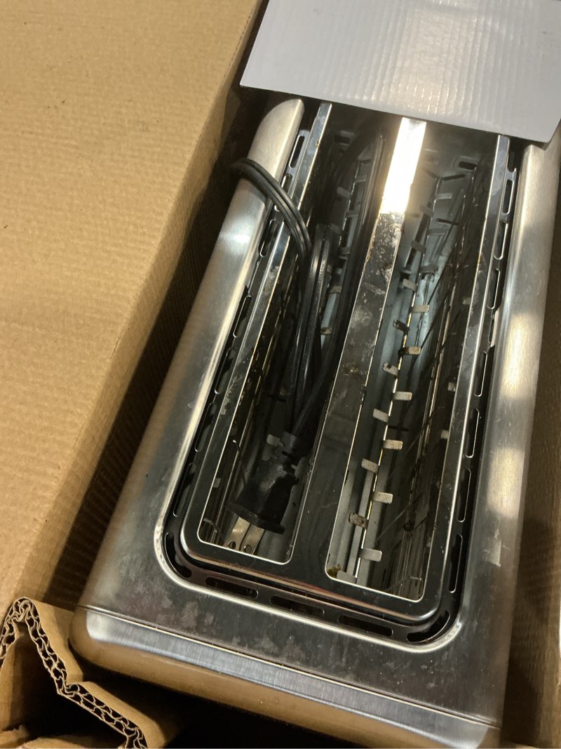 Condition photo showing As Is for bella 4 slice slim toaster, fits-anywhere™ kitchenware, 6 setting shade control with reheat & cancel buttons, fits sourdough, 10” long slot, anti jam & auto shutoff, 900 watt, oatmilk 4 slice oatmilk