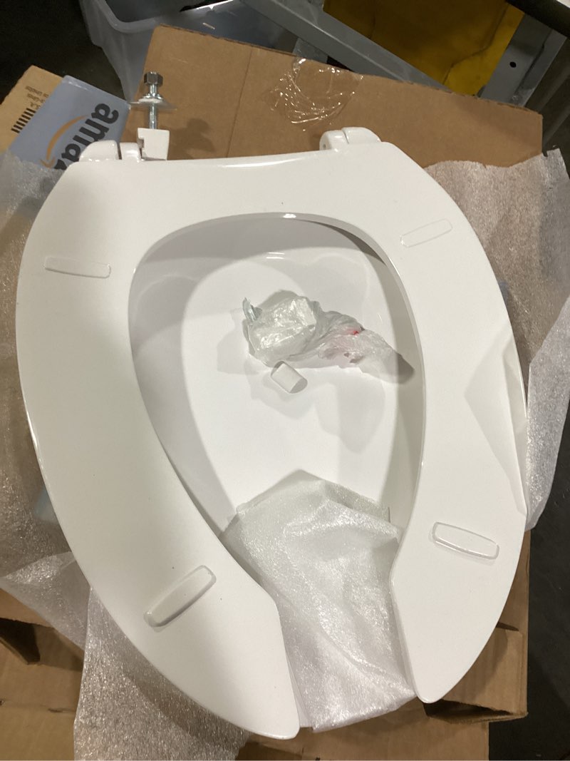 Condition photo showing As Is for Centoco Elongated Toilet Seat, Open Front with Cover, Heavy Duty Commercial, Stainless Steel Self Sustaining Hinge, Plastic, Made in the USA, 820STSS-001, White Elongated Commercial