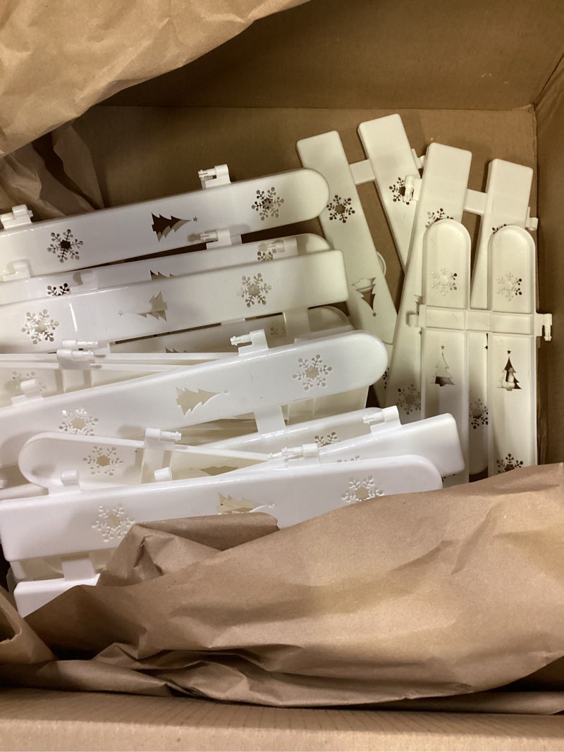 Condition photo showing As Is for Christmas Tree Fences: 30 Pieces White DIY Christmas Tree Gate Picket Fence Border for Xmas Holiday Party Decoration - 4.6 x 12 Inches Decorative Plastic Tree Barrier 30Pcs White