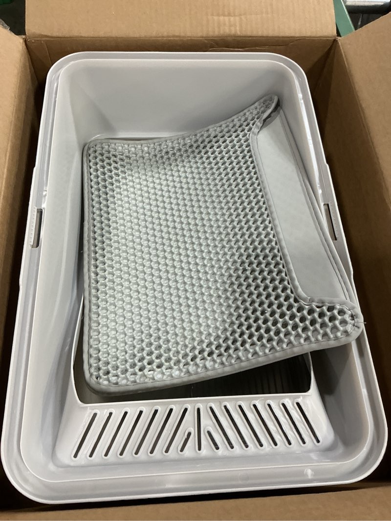 Condition photo showing As Is for stainless steel litter box | xl enclosed cat litter boxes with lid for big cats | high sided, anti-urine leakage | non-stick bottom & includes litter mat & metal scoop