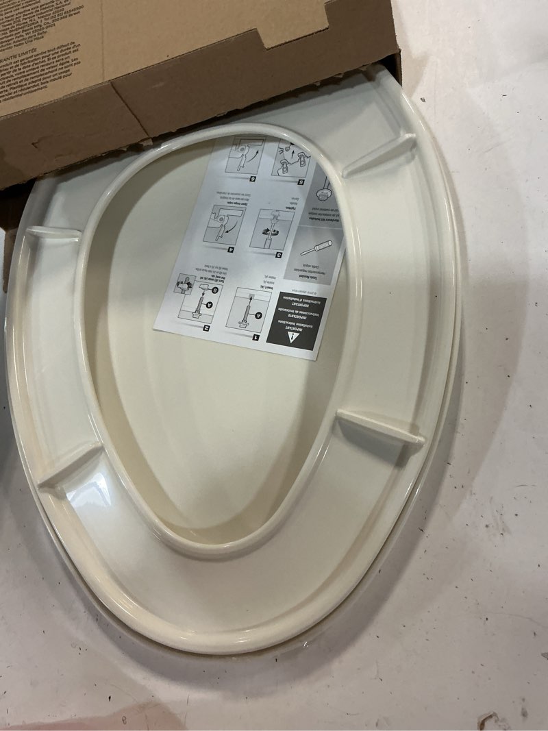 Condition photo showing As Is for bemis 7300slec slow close toilet seat, easy clean hinges and durable plastic seat, made in usa, elongated, biscuit elongated biscuit