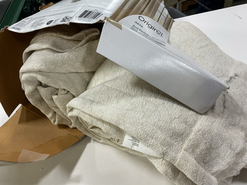 Condition photo showing As Is for Better Homes & Gardens Striated Luxe Blackout Curtain, 1 Indoor Drape Panel for Bedroom, Pole Top, Back Tab, Almond Biscuit, 50"W x 84"L Floor Length 