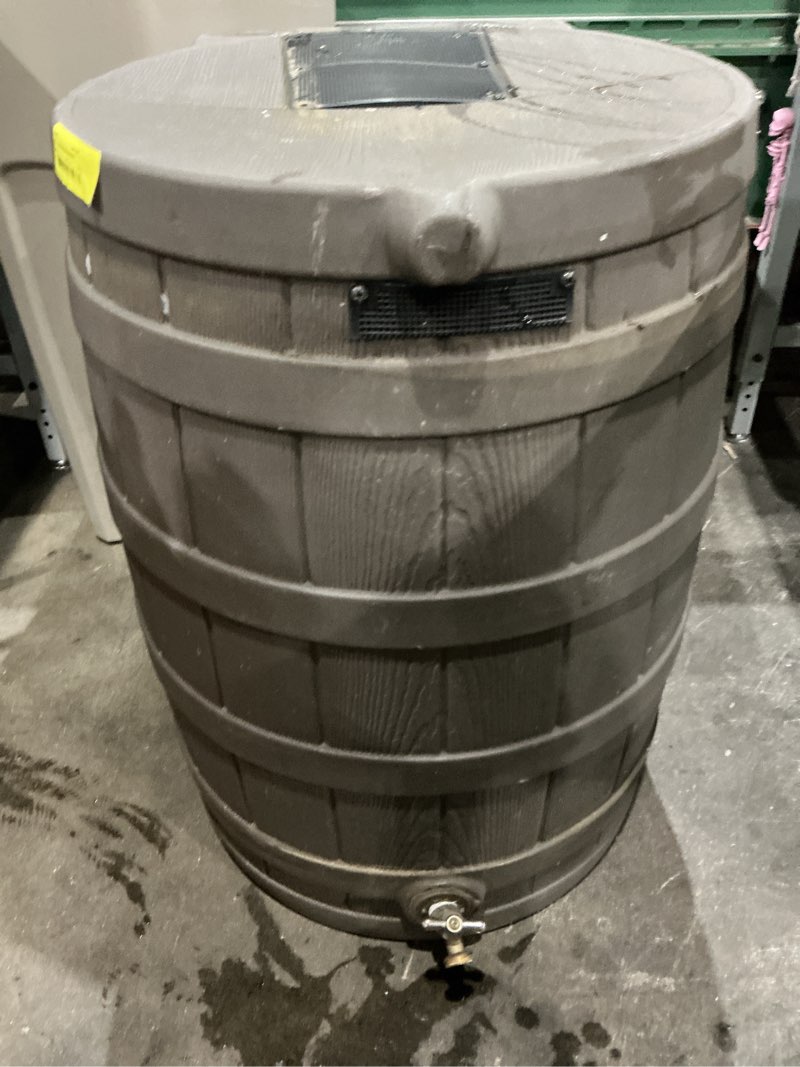 Condition photo showing As Is for good ideas rain wizard water collection plastic barrel tank system, 50 gallon, oak - portable outdoor rainwater catcher and storage drum with robust metal spigot and fine mesh screen