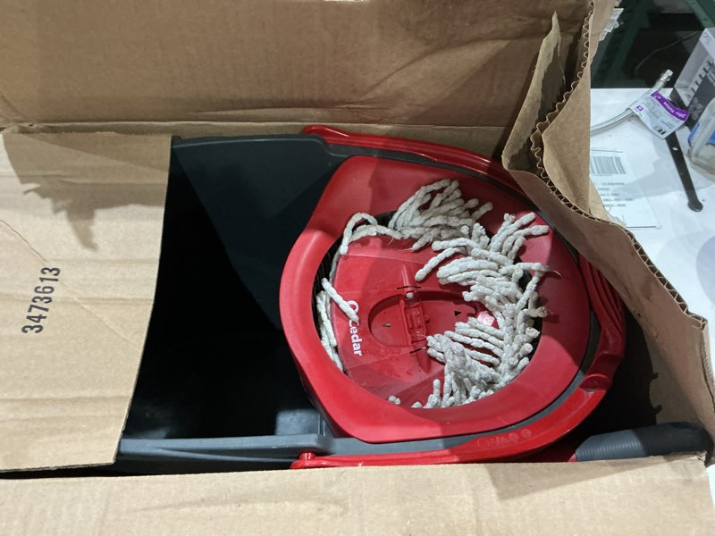 Condition photo showing As Is for o-cedar easywring microfiber spin mop, bucket floor cleaning system, red, gray, standard