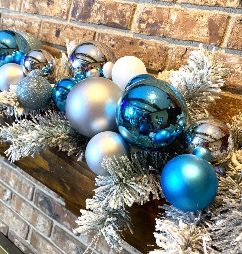 Mantle Garland Christmas, Silver, White, Ice blue theme ball garland,Stair Railing decor, Fireplace mantle pine garland, pre lit available