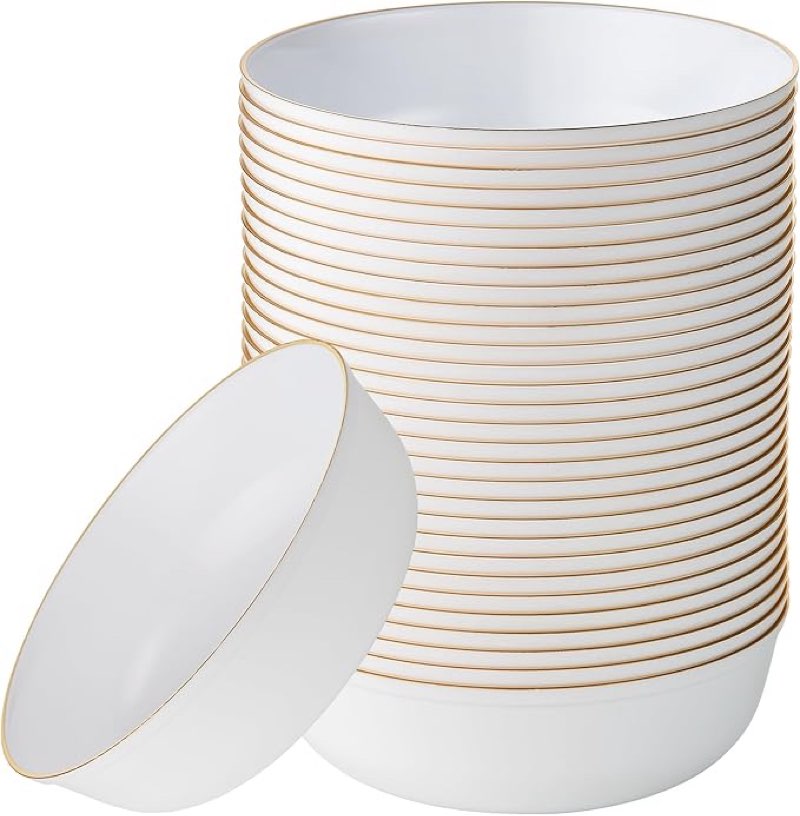 LCCFHTI 30 Pack 18oz White Plastic Bowls, Disposable Soup Bowls with Gold Rim Heavy Duty Salad Bowls