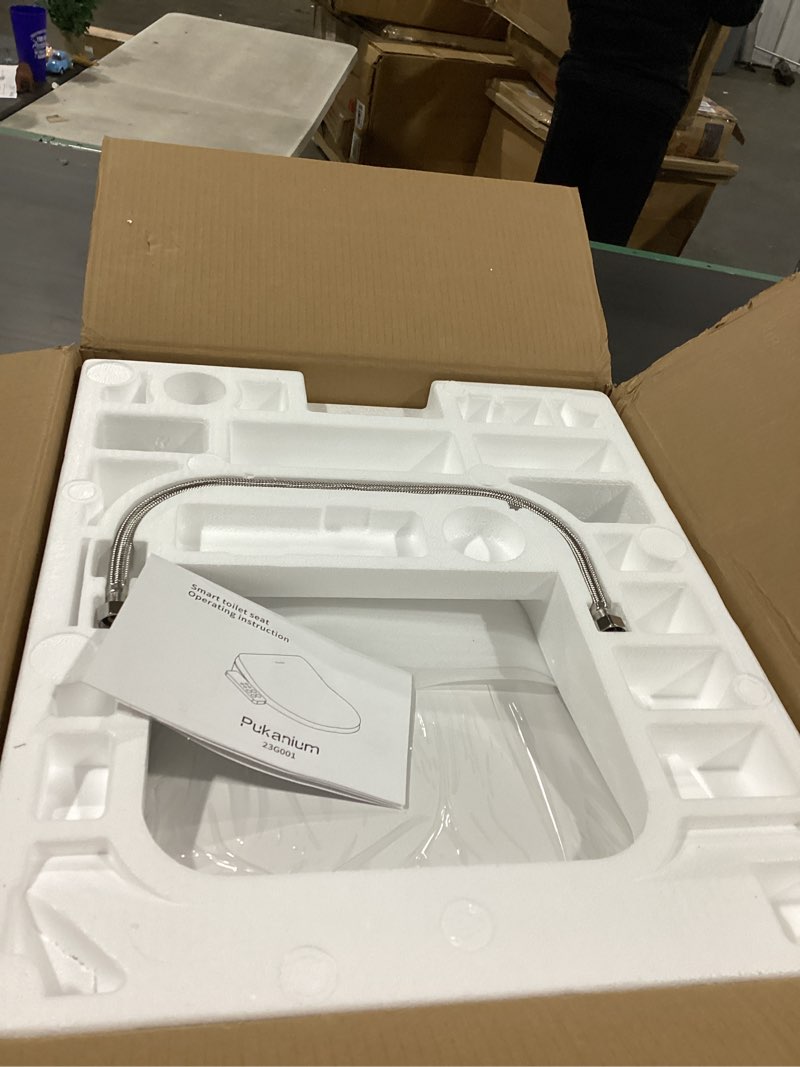 Condition photo showing New/Like New for heated smart toilet seat with feminine wash & dryer, elongated bidet with adjustable water temperature, pressure & nozzle position, easy installation & soft-close lid for modern bathrooms side control