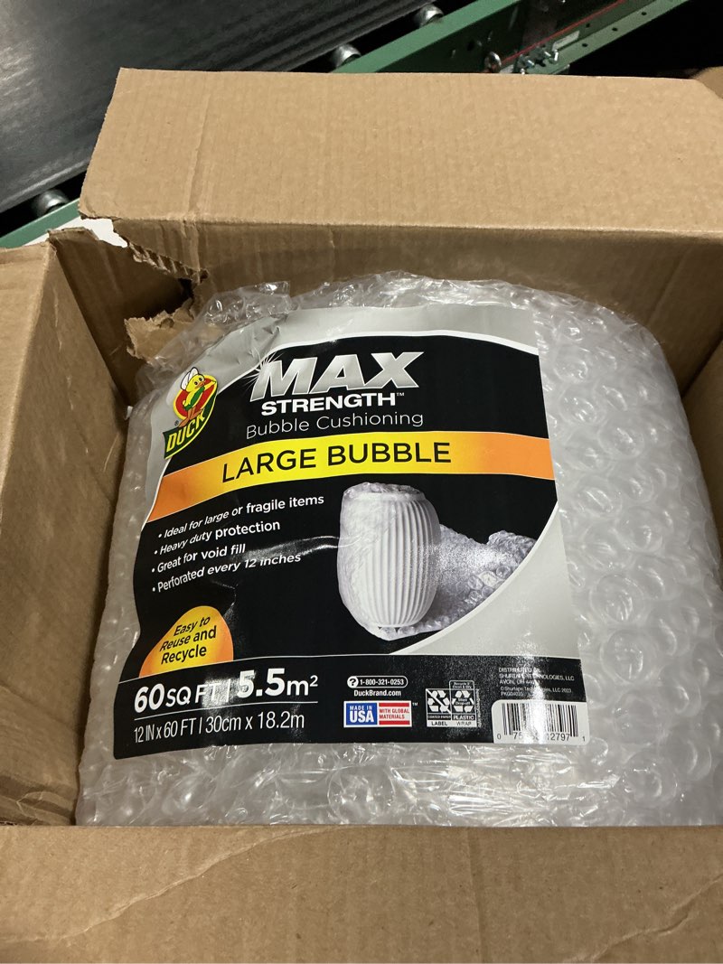 Condition photo showing Good Condition for Duck Max Strength Bubble Cushioning Wrap for Moving & Shipping, 60 FT Large Bubble Packing Wrap, Heavy Duty Protection for Mailing & Packaging Boxes, Clear Bubble Roll Supplies Perforated Every 12 IN 12 in. x 60 ft.