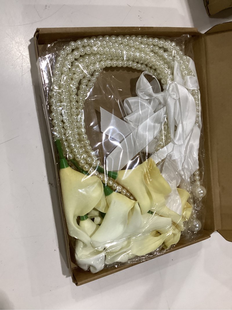 Condition photo showing Good Condition for 6 pcs bridesmaid bouquets for wedding white pearl bridal flowers artificial faux calla lily holding bouquets for diy wedding arrangements marriage proposal party church home decor