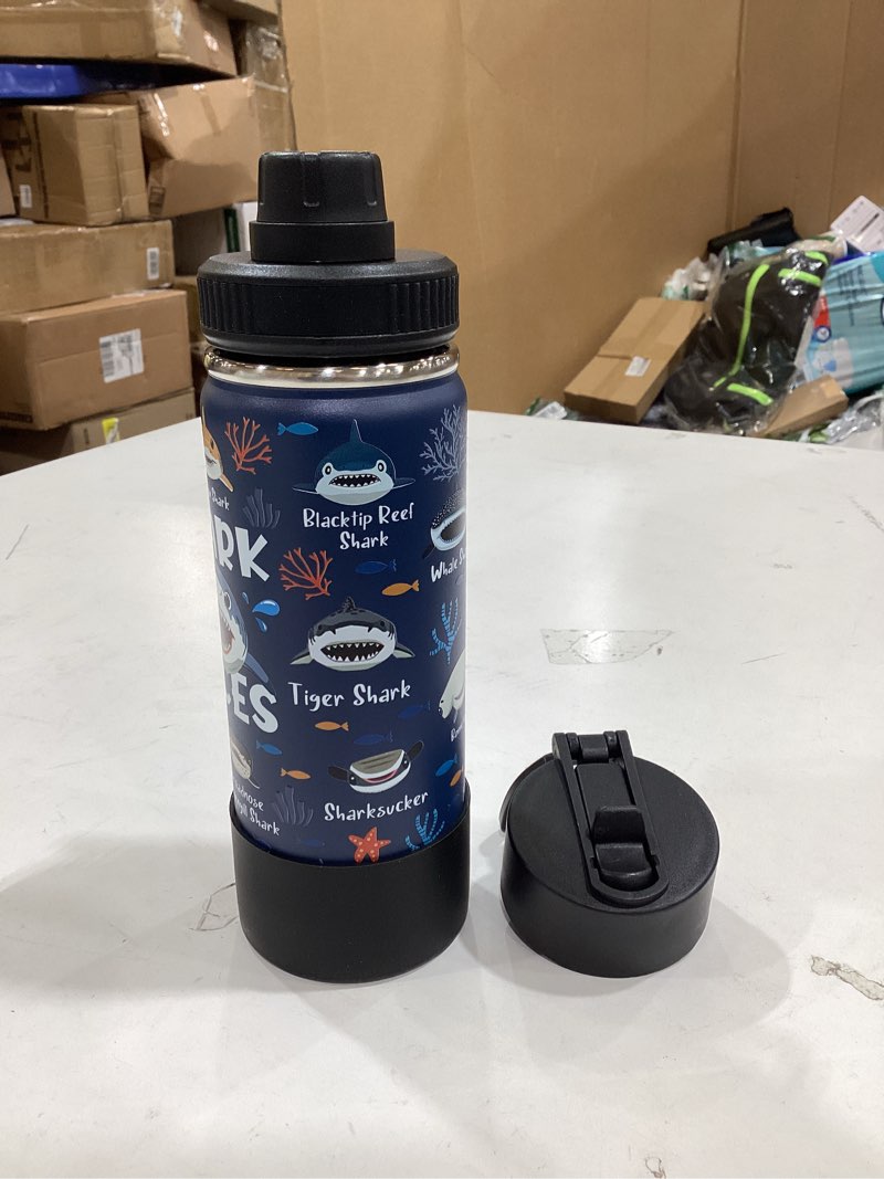 Condition photo showing New/Like New for shark gifts for boys, 18 oz stainless steel water bottles with 2 lids, insulated water bottle with straw, shark cups for travel sports outdoor, birthday christmas gifts for boys ocean animals lovers