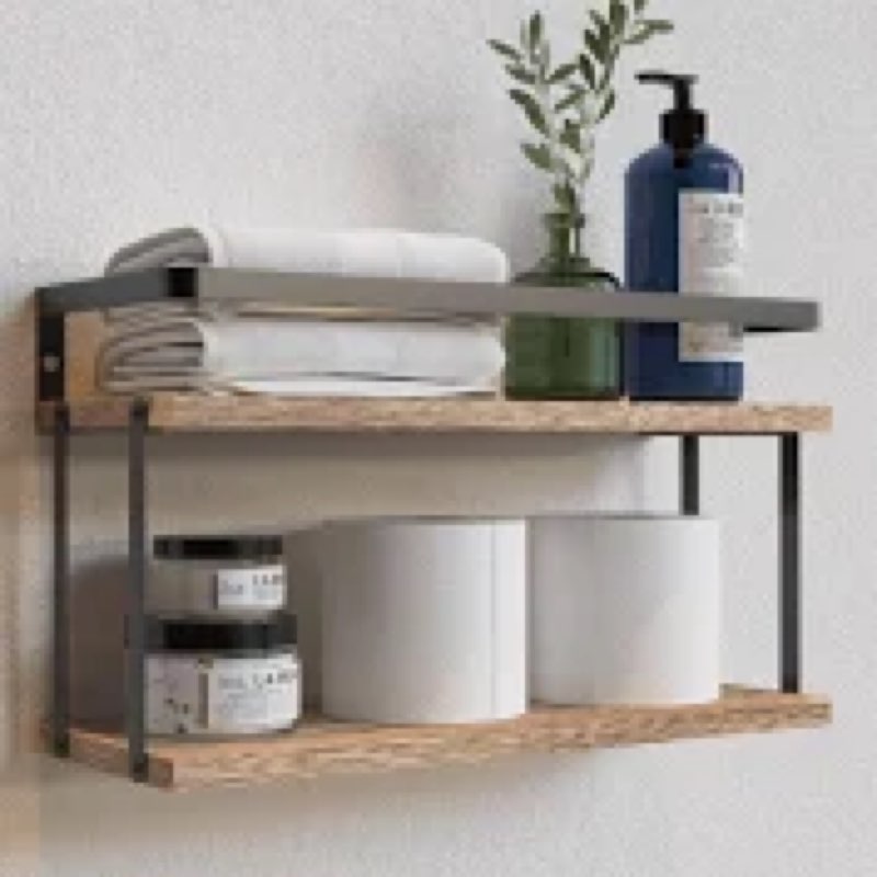 RICHER HOUSE Dual-Level Guardrail Floating Shelves, Rustic Wood Shelf Wall Mounted, Over Toilet Pape