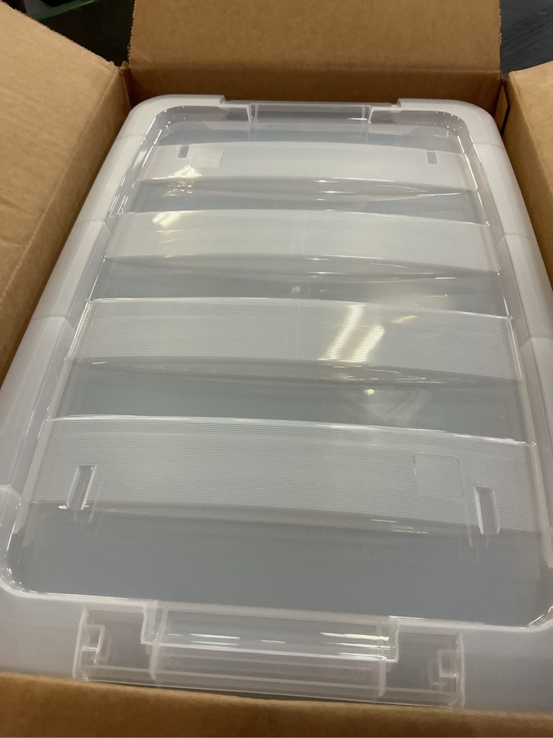 Condition photo showing Good Condition for iris usa 4-pack storage bins with lids, 13 quart, made in usa stackable see-through organizing solution latches durable nestable containers secure pull handle, bpa-free plastic clear 13 qt 4 pack