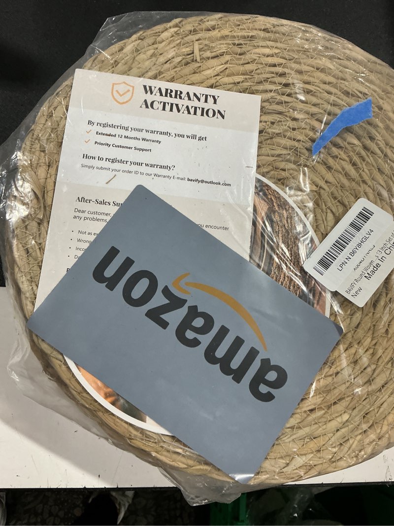 Condition photo showing Good Condition for 13 in round woven placemats plate chargers set of 10, boho farmhouse rustic woven place mats for dining table decor, rattan wicker table mats jute braided chargers for dinner plates natural color 13 inch set of 10