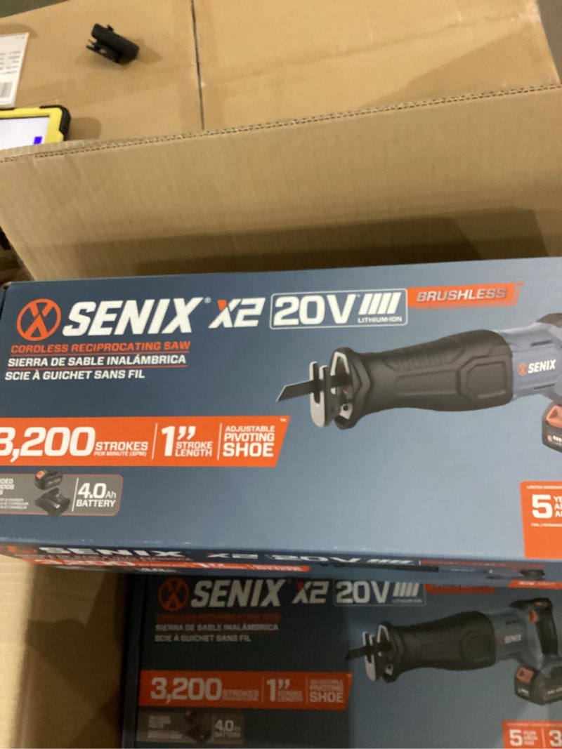 Condition photo showing New/Like New for senix 20 volt max* cordless reciprocating saw, 3200 spm, brushless motor, variable speed, & quick blade release, battery, & charger included (psrx2-m3)