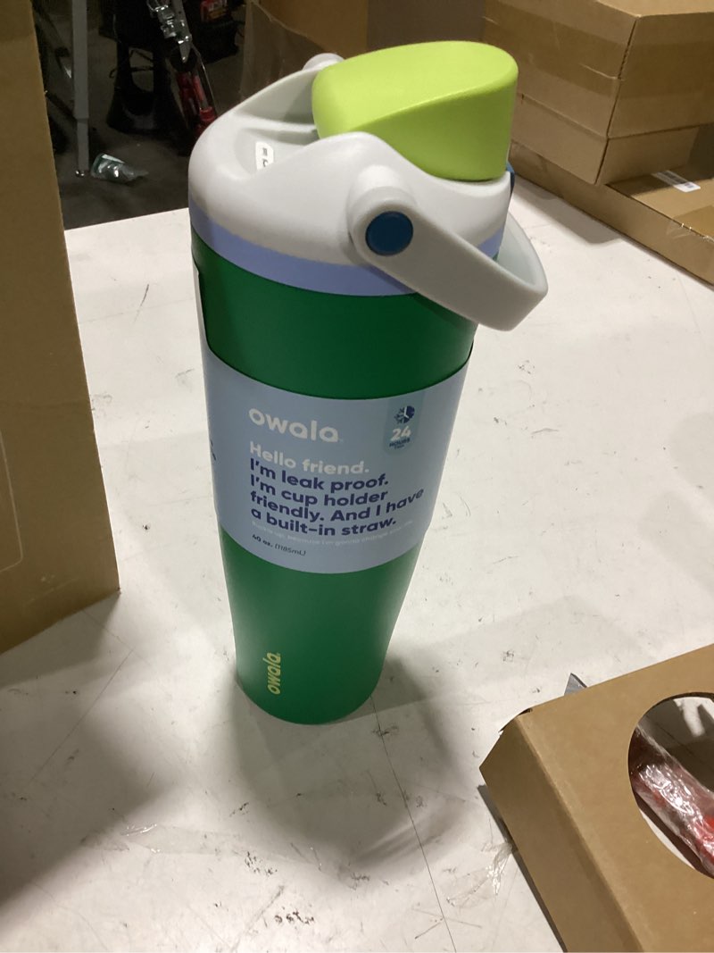 Condition photo showing Good Condition for owala freesip sway insulated stainless steel water bottle with two-way spout, built-in straw and bucket handle, made for travel, school, and sports, bpa free, leak proof, 40 oz, putting green putting green 40 ounces