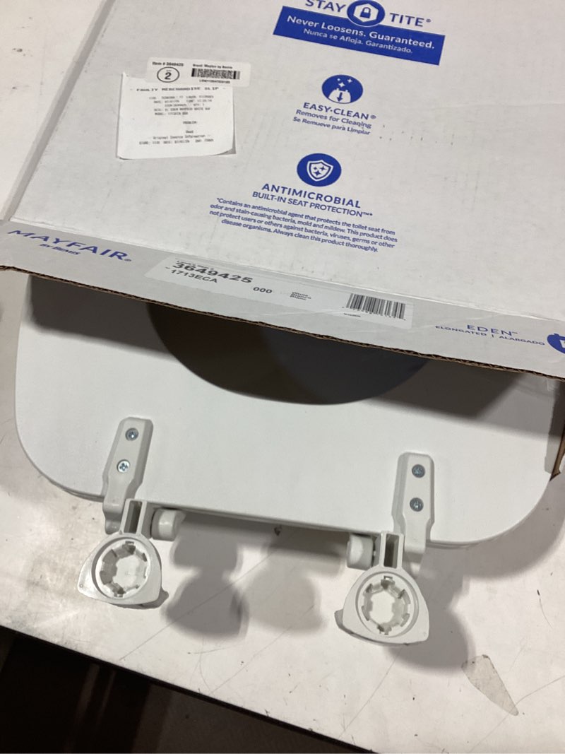 Condition photo showing As Is for mayfair by bemis eden cushioned vinyl white elongated padded toilet seat