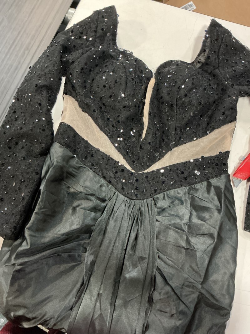 Condition photo showing As Is for glamrae elegant luxurious sheer long sleeve sequin & beaded ruched mermaid hem stretchy knit party gown, suitable size 14 