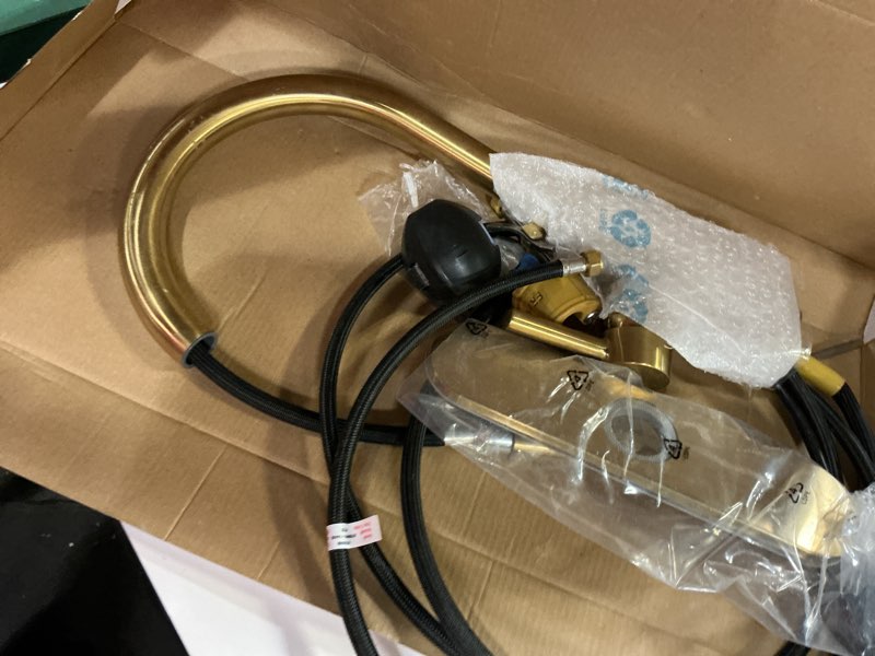 Condition photo showing As Is for allen + roth harlow simplefit brushed gold single handle deck-mount pull-down kitchen faucet with sprayer (includes deck plate) (includes soap dispenser)