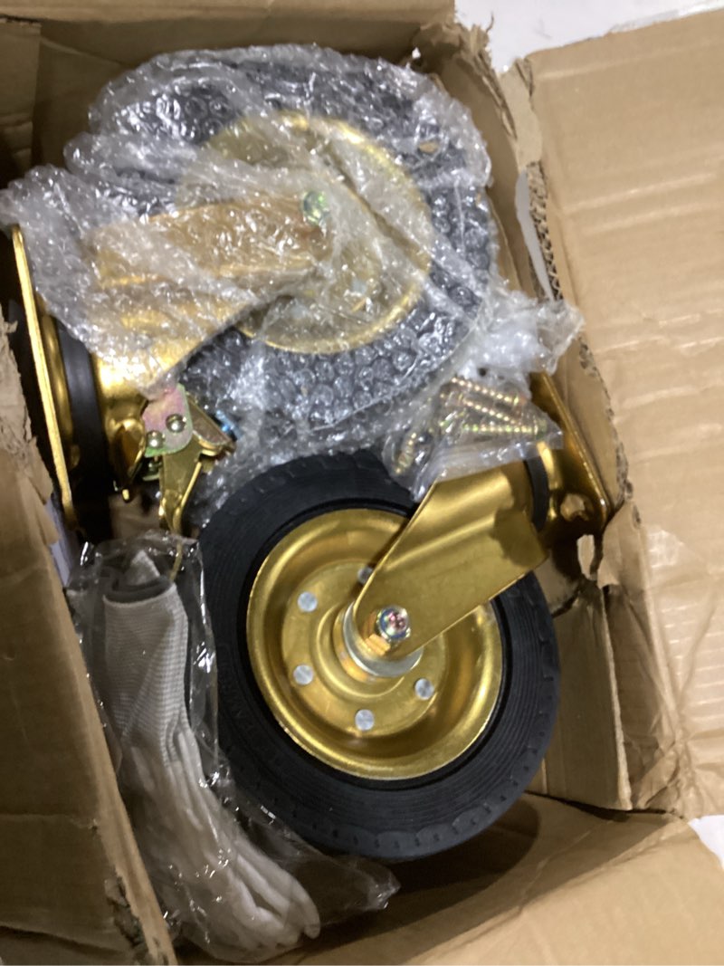 Condition photo showing Good Condition for 8 inch heavy duty casters set of 4 (2 locking swivel & 2 non-locking swivel), 3200lbs capacity, large solid rubber wheels for workbench, cart, trolley, wagon and chicken coop industrial plate mount 8 inch swivel and brake