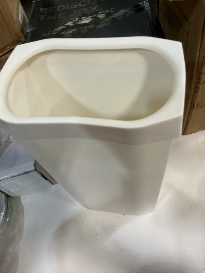 Condition photo showing As Is for 4 gallon, small slim garbage can, open top trash can for bathroom, kitchen, office, bedroom, living room (white)
