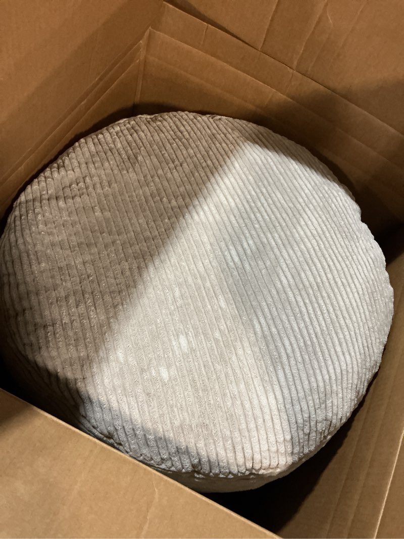 Condition photo showing Good Condition for HIGOGOGO Round Stuffed Pouf Ottoman, Corduroy Poufs with Foam Chunk Filling, Furry and Fluffy Pouf Foot Stool Storage Ottoman, 26 X 18 Floor Poufs Foot Rest for Living Room, Grey