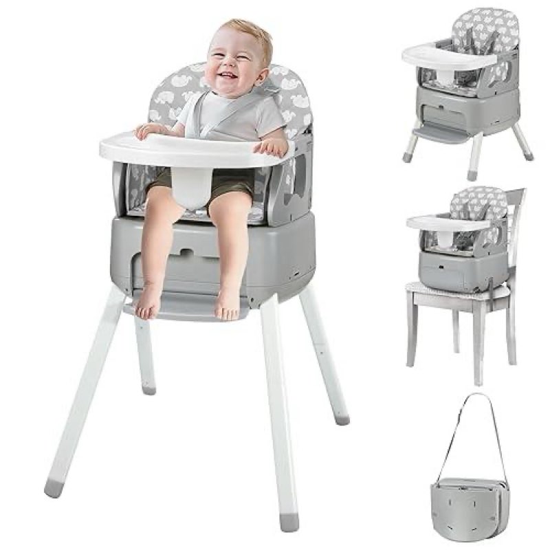 4 in 1 Portable Baby High Chair,Convertible Highchair for Babies and Toddlers-Foldable Infant Booster Seat,Carry Small Box,Dining Chair,Toddler High Chair with 5-Point Harness,Removable Tray-Grey 