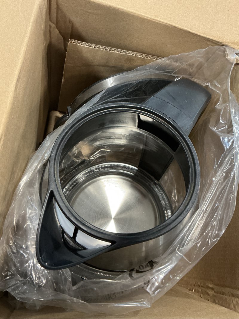 Condition photo showing As Is for chefman electric kettle 1500w, 1.8l hot water boiler, removable lid for easy cleaning, led indicators, auto shutoff & boil-dry protection, borosilicate glass electric tea kettle – stainless steel 1.9 quarts stainless steel