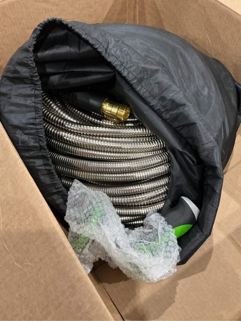 Condition photo showing Good Condition for metal garden hose 100ft stainless steel heavy duty flexible lightweight water hoses pipe with 10-function spray nozzle and 3/4" solid brass fittings no kink durable for outdoor yard & lawn
