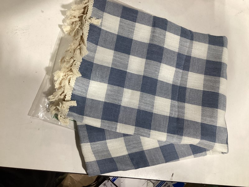 Condition photo showing Good Condition for softalker checkered tablecloth square, outdoor linen cotton gingham table cloth with tassel, heavy duty wrinkle free buffalo plaid table cover for kitchen dining summer party - 55 x 55 inch, blue blue plaid 55" x 55" (square)