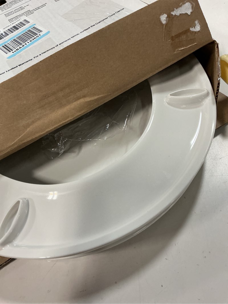 Condition photo showing As Is for kohler 20111-0 brevia, slow close toilet seat, round toilet seat, grip-tight bumpers quick-attach hardware, white
