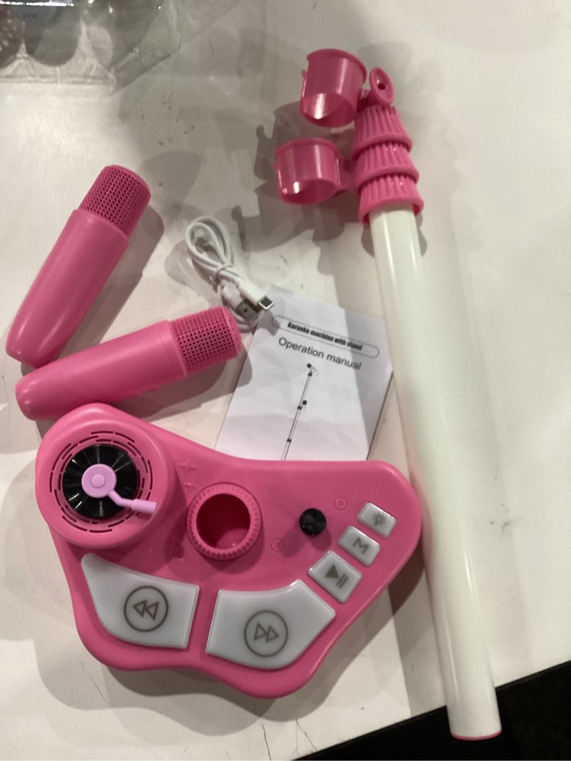 Condition photo showing New/Like New for Kids Adjustable Stand Karaoke Machine Toy, 3-8 Year Old Girls Rechargeable Microphone Portable Bluetooth Speaker with 2 Mics, Toddlers Birthday Party Gifts Singing Toys for Girl Ages 3 4 5 6 7 8 Pink