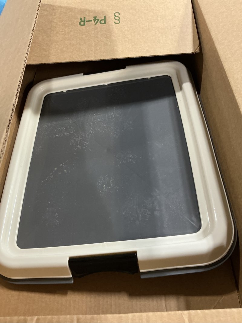 Condition photo showing As Is for iris usa pee pad holder for dogs and puppies, potty training tray with secured latches, non-skid feet, leak protection, easy clean surface, fits 14"x17" puppy pads size, dark gray dark gray 14" x 17"
