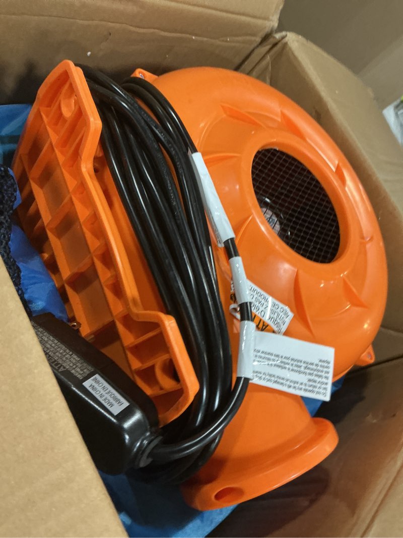 Condition photo showing New/Like New for little tikes jump 'n slide inflatable bouncer includes heavy duty blower with gfci, stakes, repair patches, and storage bag, for kids ages 3-8 years multi regular