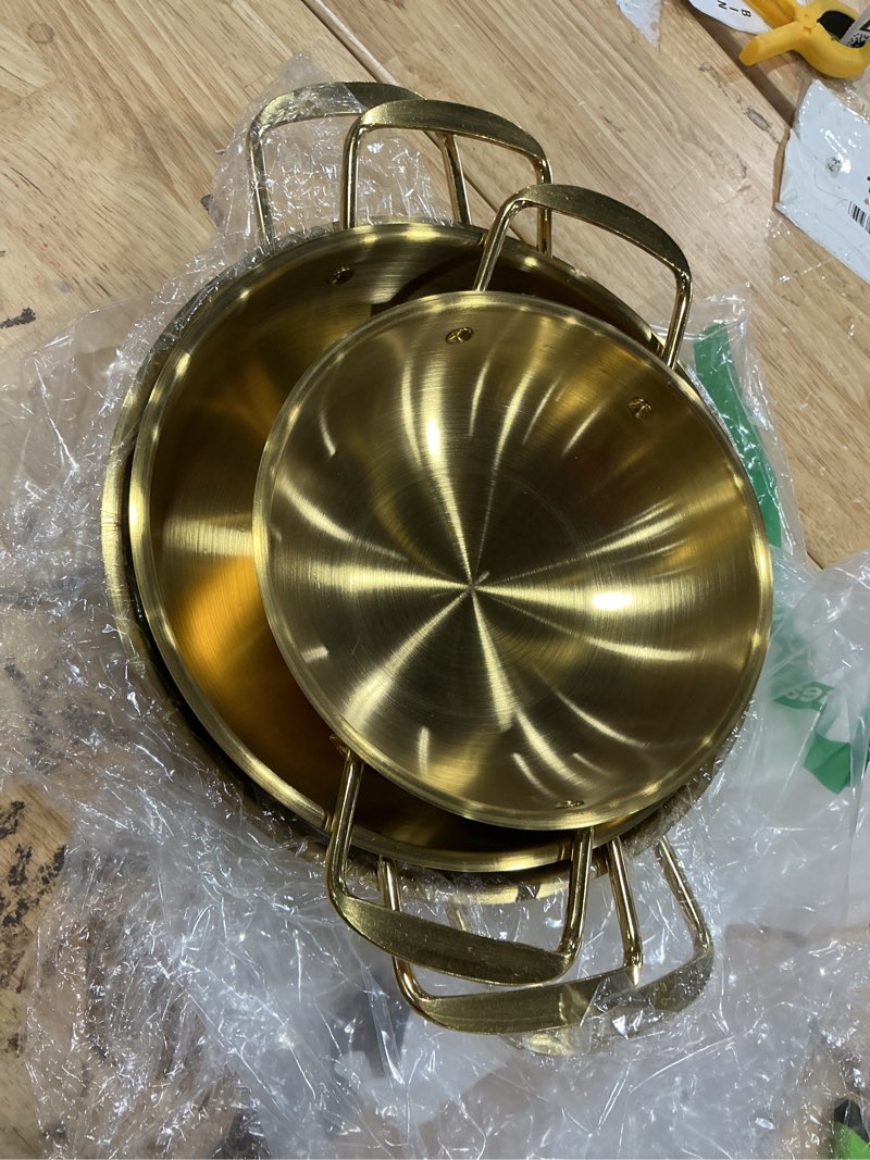 Condition photo showing Good Condition for 3 pack korean ramen noodle pot with handles, korean ramen pot for stove, stainless steel everyday pan, golden soup pots, golden koreans cooking pots for soup, noodle, pasta, 7.2", 8.4", 9.2"