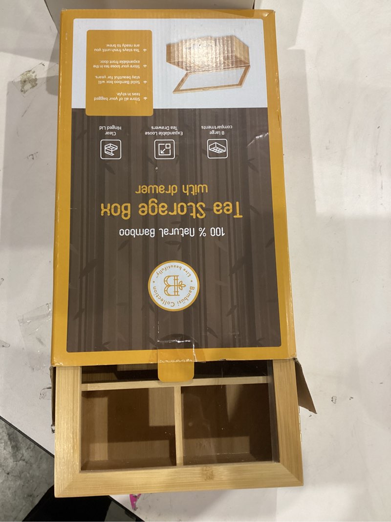 Condition photo showing Good Condition for Tea Bag Organizer - Christmas Gift Bamboo Tea Box Organizer Storage Box, Tea Bag Holder with Drawer & Acrylic Window, Magnetic Lid Keeps Tea Bags Fresh - Tea Organizer Caddy (Tea Not Included) Natural (with Drawer)