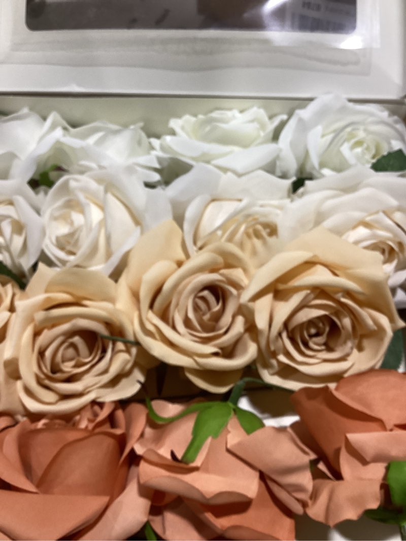 Condition photo showing As Is for ling's moment artificial flowers, 16pcs burnt orange ombre faux silk roses with stems, 3.5" fake terracotta flowers bulk for diy wedding bouquets centerpieces party baby shower home decoration ivory & cream & french orange & burnt orange
