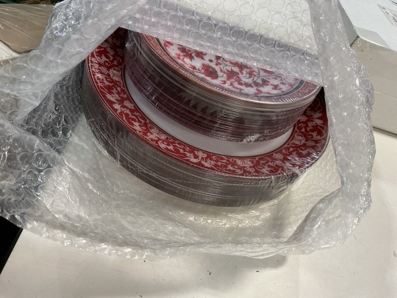 Condition photo showing New/Like New for Hioasis 60pcs Red Plastic Plates Set - Floral Red & White Porcelain Design, 10.25" Dinner & 7.5" Des