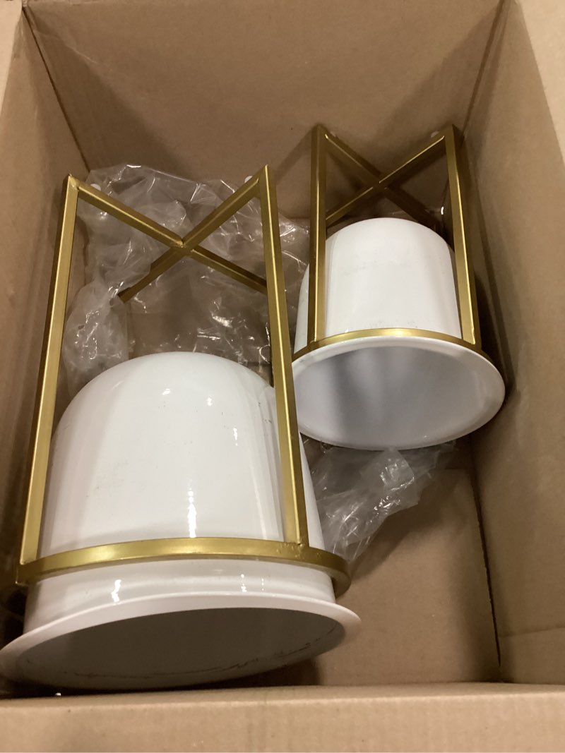 Condition photo showing Good Condition for CosmoLiving by Cosmopolitan Metal Indoor Outdoor Planter Dome Small Planter Pot with Gold X-Shaped Stands, Set of 2 Planters 12", 10"H, White