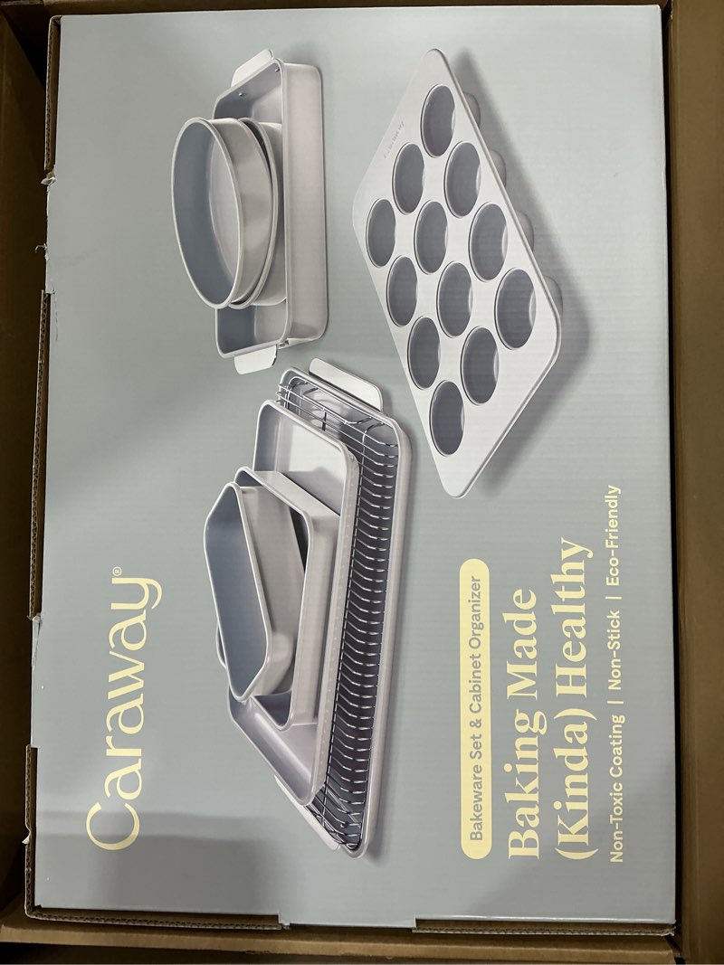 Condition photo showing As Is for caraway 11-piece non-stick ceramic bakeware set | baking sheets, assorted baking pans, cooling rack, and storage, aluminized steel body, non-toxic, ptfe and pfoa free, cream cream 11 pieces