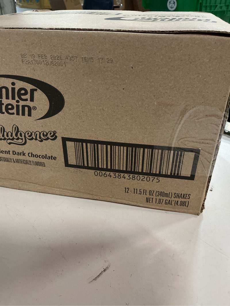 Condition photo showing Good Condition for (BEST BY 19 2026)FEB Premier Protein Shake INDULGENCE, Decadent Dark Chocolate, 30g Protein, 170 Calories, 3g Sugar, 11.5 fl oz, 12 Pack (Packaging May Vary) Decadent Dark Chocolate 11.5 Fl Oz (Pack of 12)