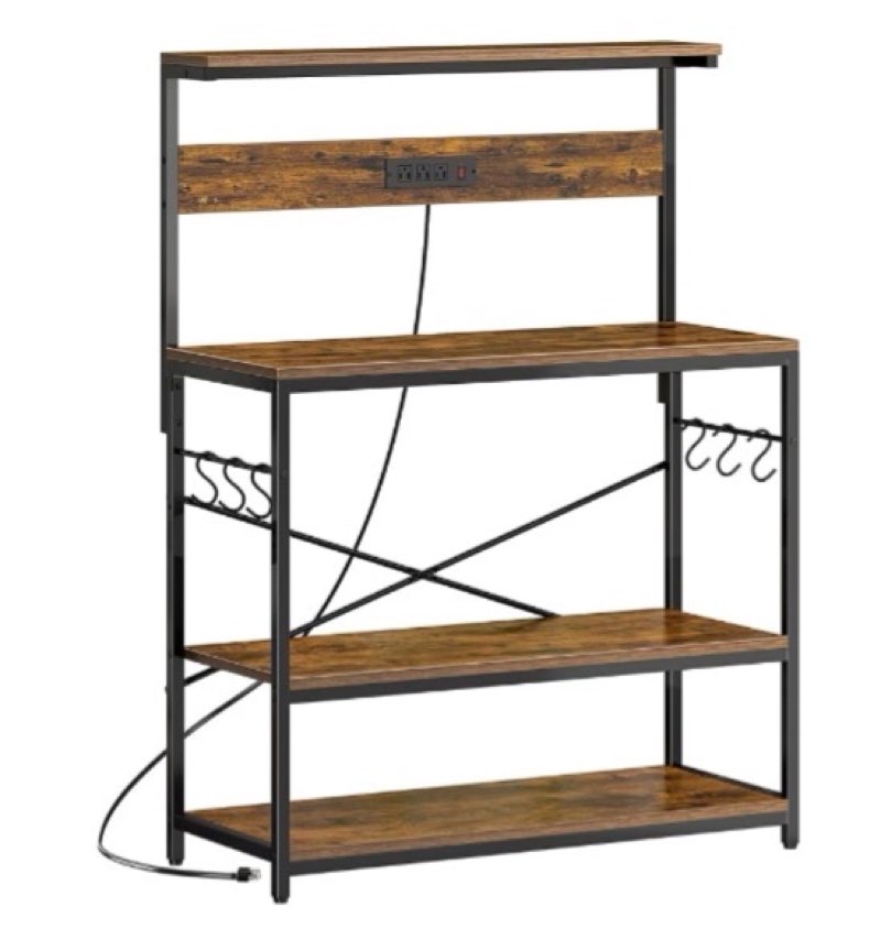 SUPERJARE Bakers Rack with Power Outlets, Microwave Stand, 39.4 X 14.3 Inch Larger Desktop, Kitchen Storage Rack with Adjustable Middle Shelf, 6 S-Shaped Hooks, Coffee Bar Stand, Rustic Brown