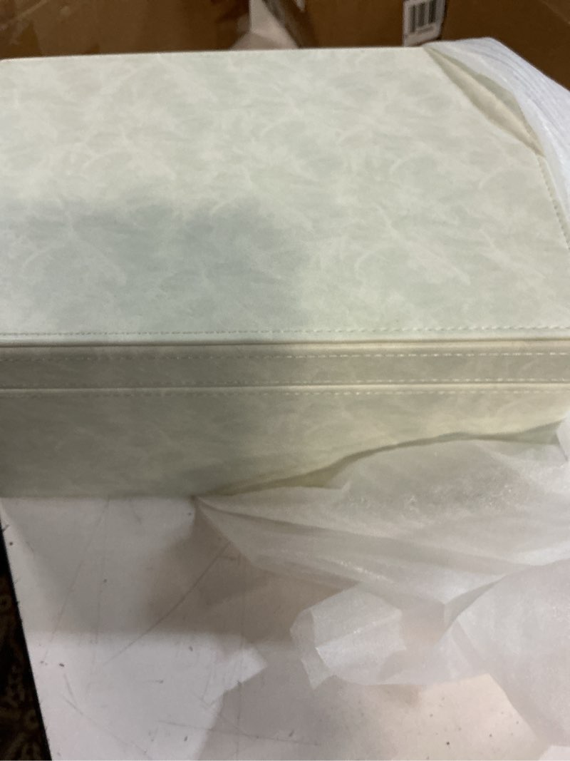 Condition photo showing New/Like New for hofferruffer faux leather decorative box, large wooden structure keepsake box accessory organizer jewelry organizer with hinged lid, storage container for home or office (cream white)