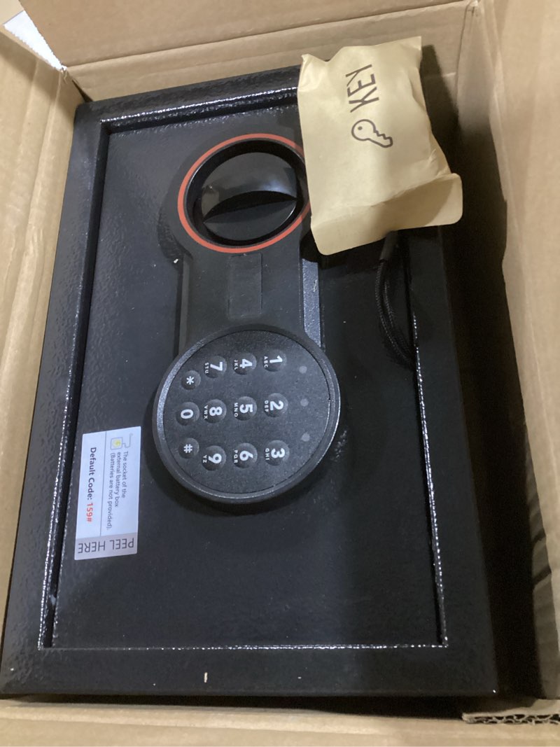 Condition photo showing New/Like New for small safe for home, 6.69"h safe box with fireproof waterproof bag for college dorm room, money safe with alarm system, sensor led light, wall/floor mountable, hidden safes for cash, jewelry, medicine 0.3 cub