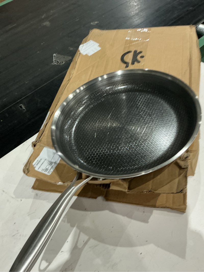 Condition photo showing Good Condition for cooker king 12-inch stainless steel pan, hybrid nonstick frying pan, skillet, 3-ply clad cookware, even heat distribution, dishwasher & oven safe, with stay-cool handle, induction compatible stainless steel 12 inch