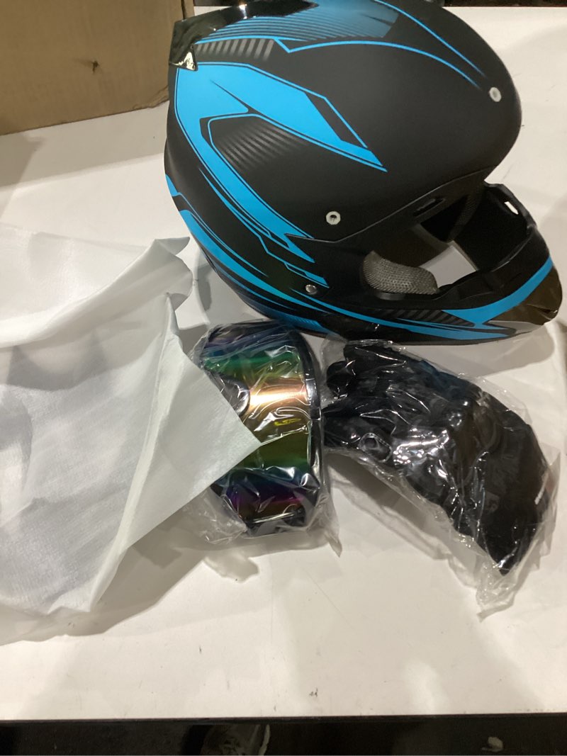 Condition photo showing New/Like New for youth dirt bike helmet quick release buckle - dirt bike helmets for kids 8-14, youth atv helmet (gloves goggles mask) 4pcs set - dot approved blue large