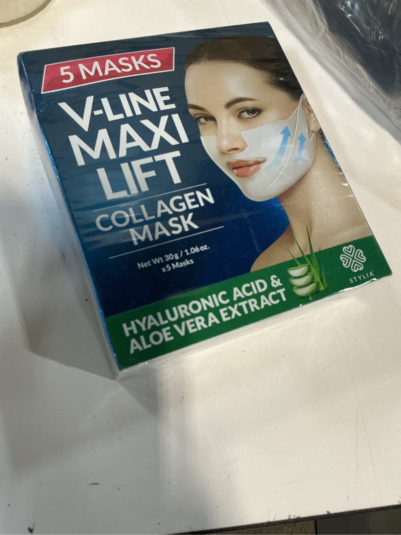 Condition photo showing New/Like New for stylia maxilift v-line lifting collagen face mask - double chin strap - jawline shaper - neck firming and tightening mask with hyaluronic acid & aloe vera - chin strap for sleeping (5pc) 5 count (pack of 1) sky blue